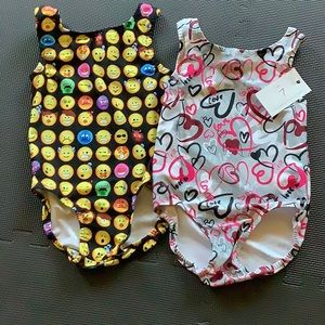 2 new size 7 girl gymnastics / dance leotards - Valentine and Emoji prints